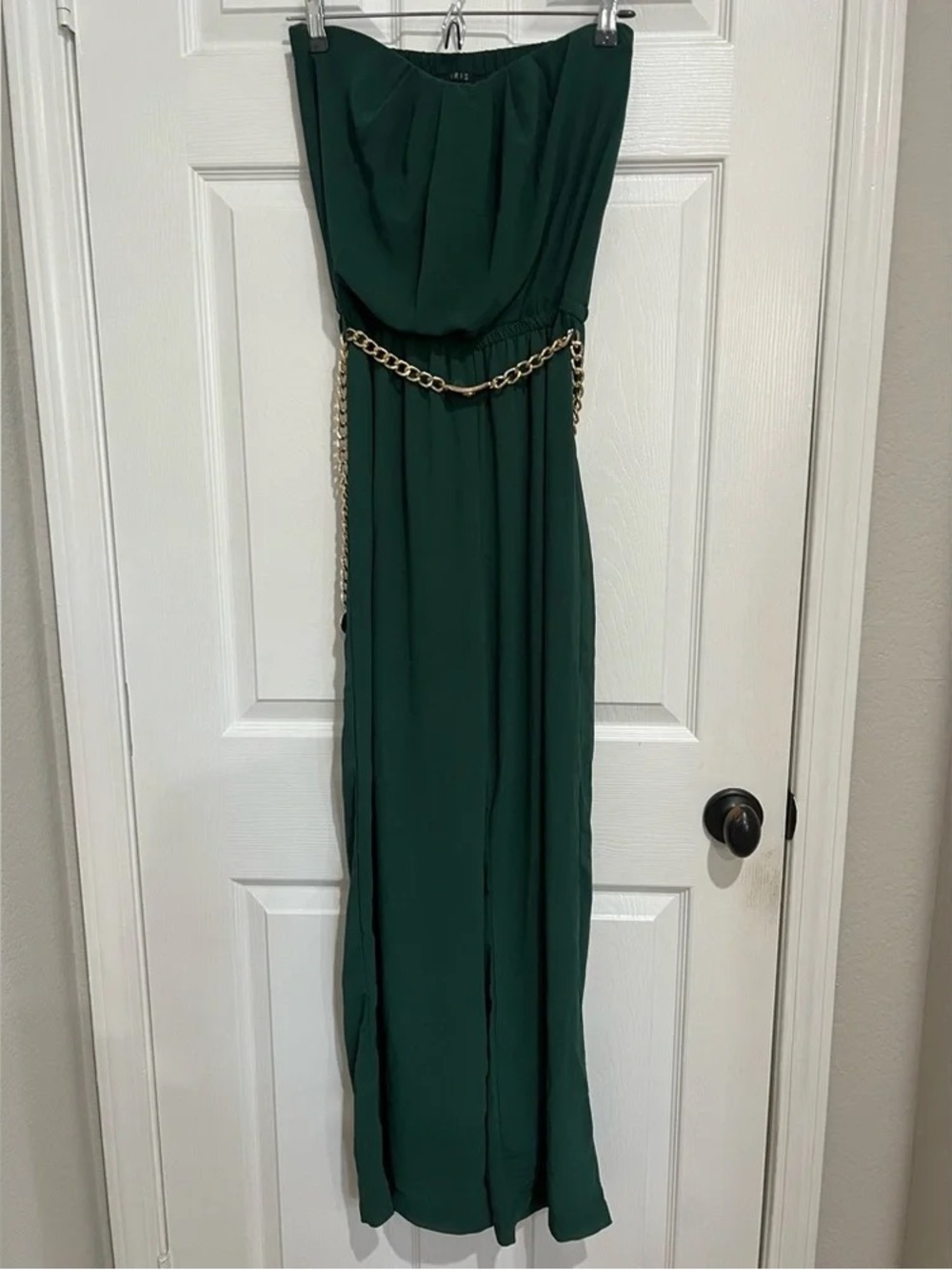 iris Deep Green Strapless Wide-Leg Jumpsuit with Gold Chain